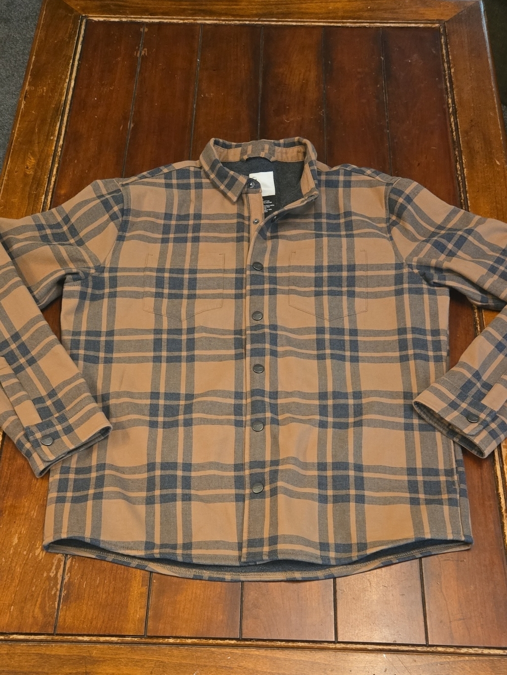 Vuori Tan and Navy Plaid Shirt Jacket